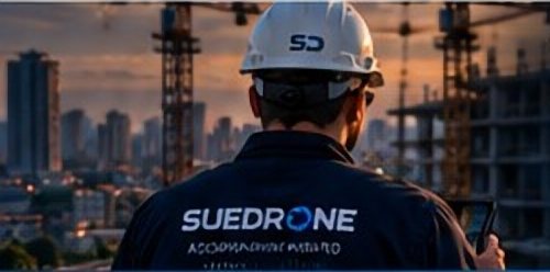 Operador SUEDRONE de costas, com capacete e jaqueta da marca