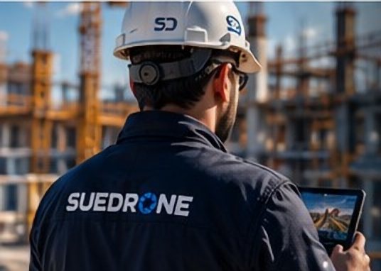 Operador SUEDRONE de costas, com capacete e jaqueta da marca